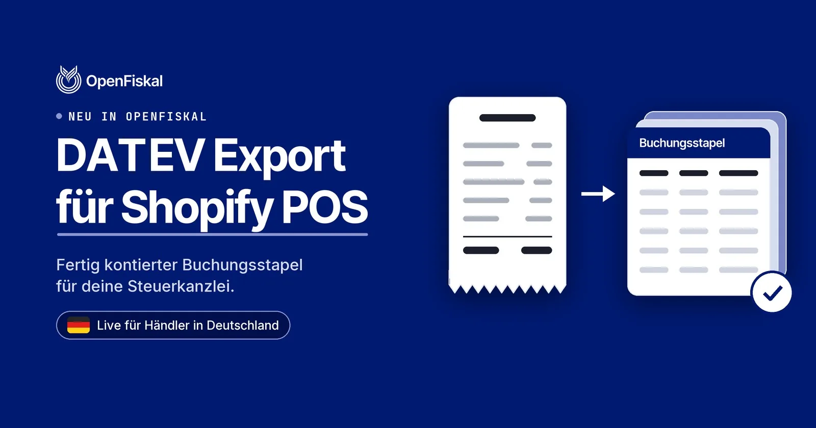 OpenFiskal DATEV Export für Shopify POS: Kassenbon wird zum Buchungsstapel, live für Händler in Deutschland